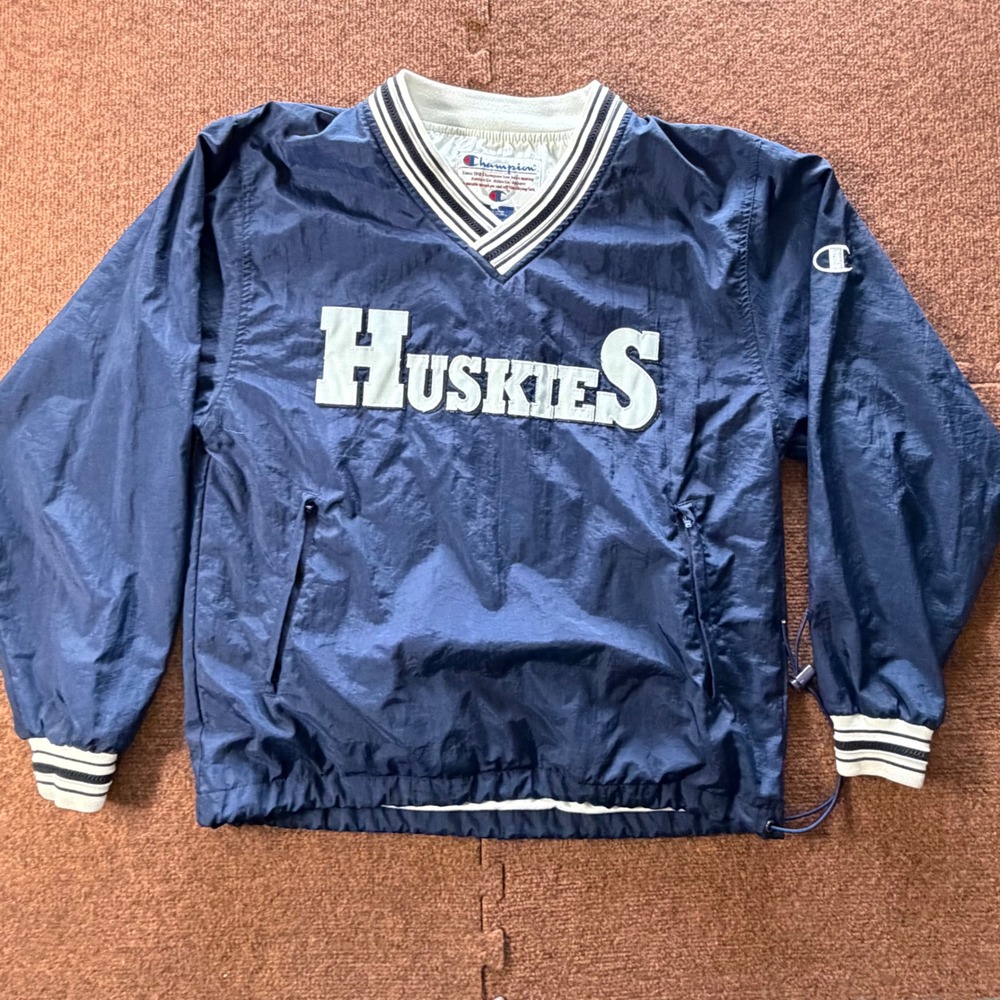 Champion Huskies Windbreaker Pullover Navy‎ Blue V-Neck Nylon Jacket Mens Small